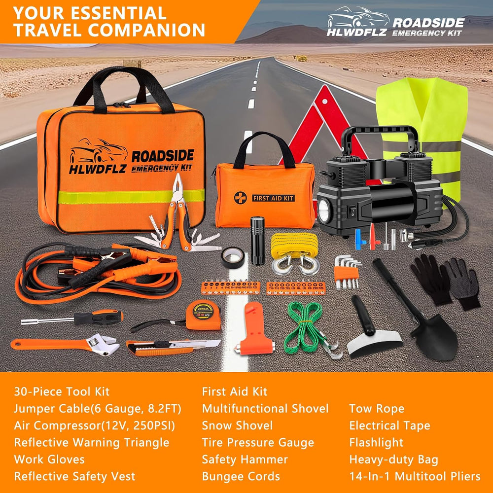 Car Emergency Kit with Portable Air Compressor - Roadside Assistance Emergenc...