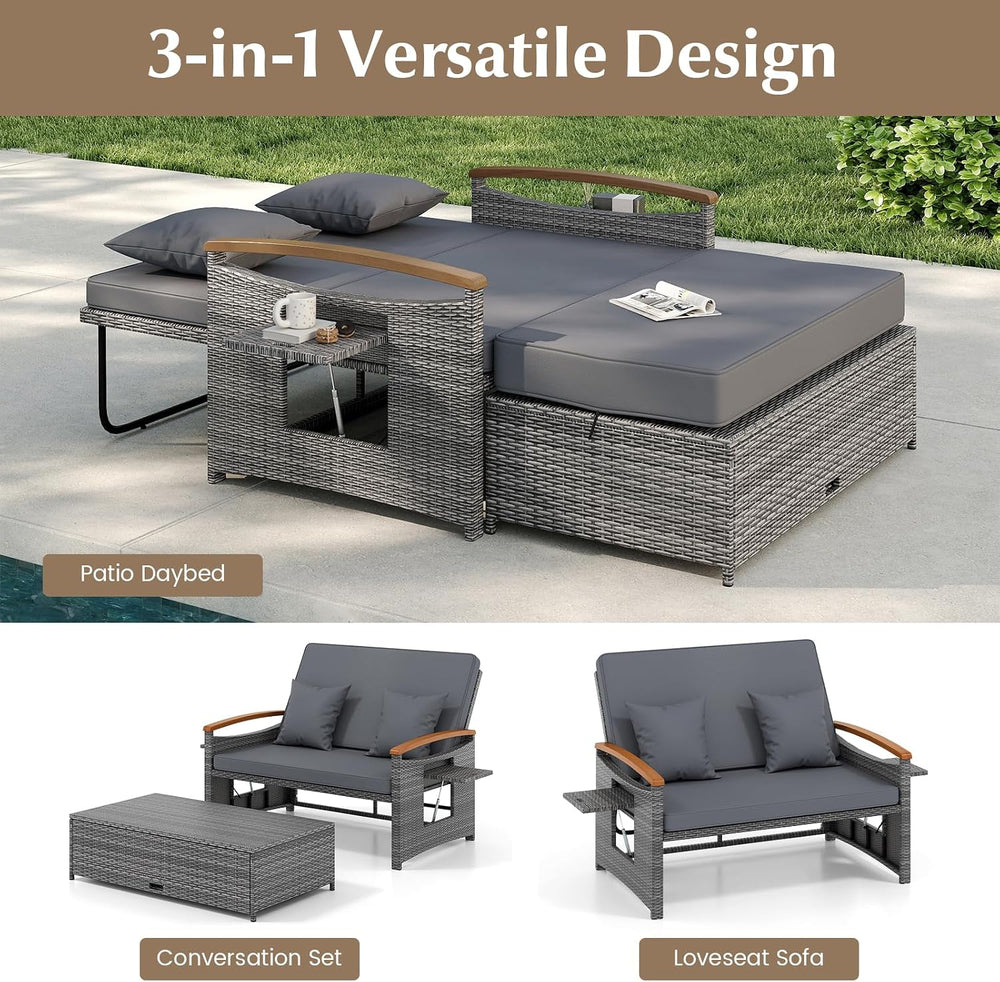 COSTWAY Patio Rattan Daybed, Outdoor Loveseat Sofa with Storage Ottoman