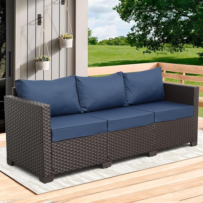 Rattaner 3-Seat Patio Wicker Sofa, Outdoor Rattan Couch Furniture Steel Frame...