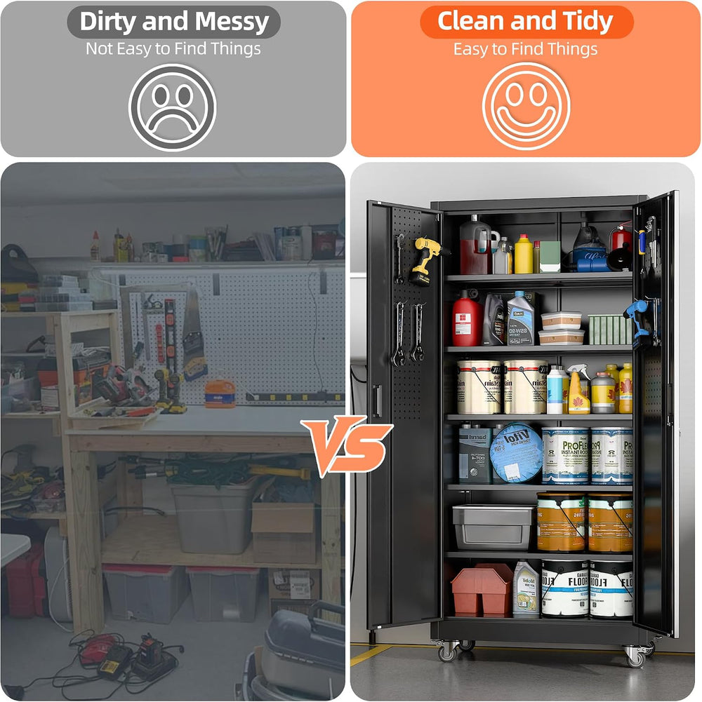 Metal Garage Storage Cabinet with Wheels and Pegboard Doors