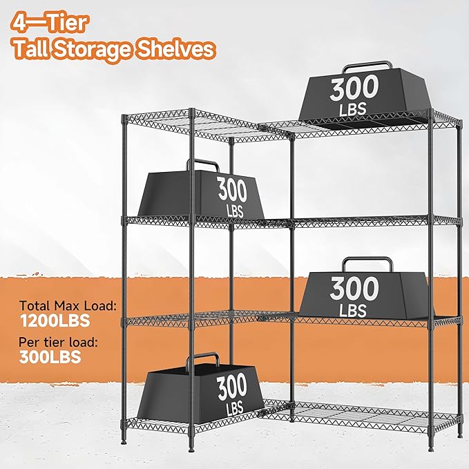 4 Tiers Storage Shelves Load 1200LBS, Metal Shelving Wire Metal Shelving Unit...