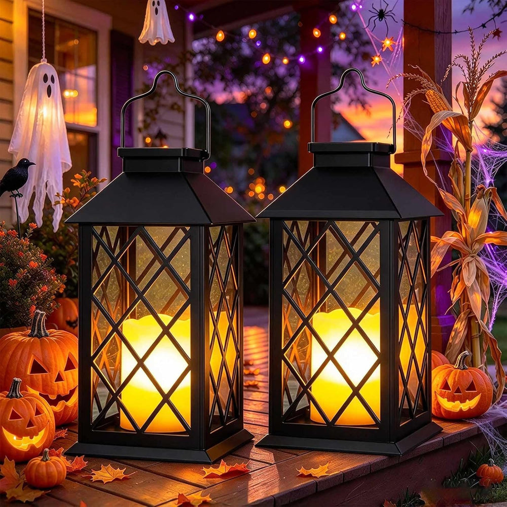 2 Pack 14" Large Tempered Glass Solar Lanterns Outdoor Waterproof, Black