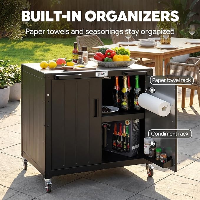 Outdoor Grill Cart with Storage Cabinet and Stainless Steel Top, 35-Inch Outd...