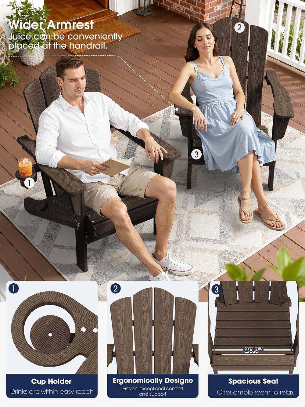 Folding Adirondack Chair Set of 4 with Cup Holder, Coffee