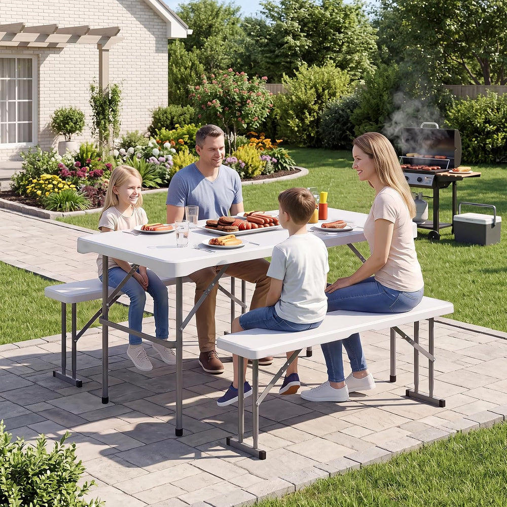 GIANTEX Folding Picnic Table Set w/ 2 Benches, 44" HDPE, White
