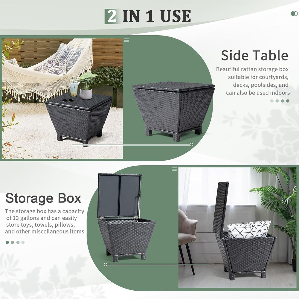 Outvita Black Rattan Outdoor Storage Side Table, 13 Gallon Box with Lid