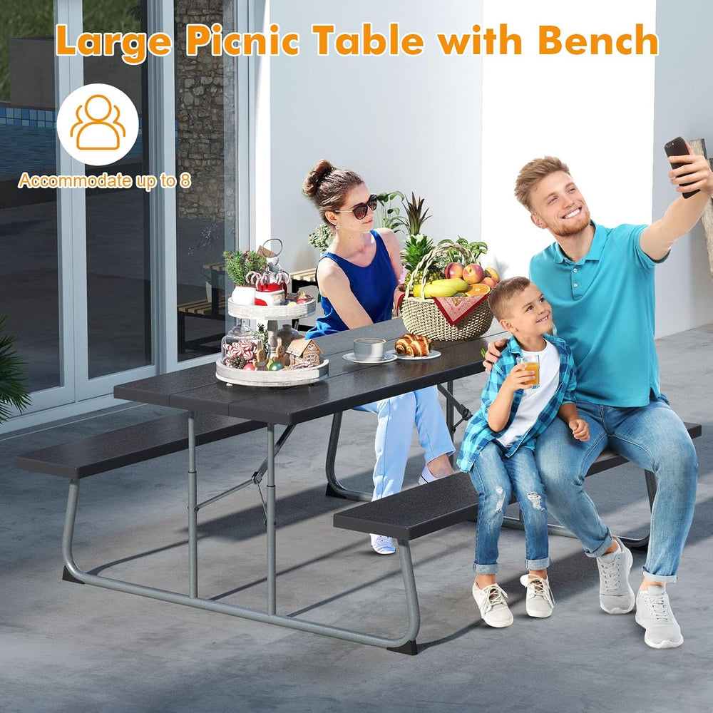 Tangkula 6 Ft Folding Picnic Table with 2 Built-in Benches, Black