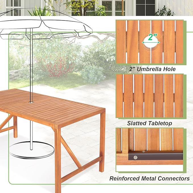 Tangkula 55" Acacia Wood Outdoor Dining Table for 4-6 Person, Rectangula...
