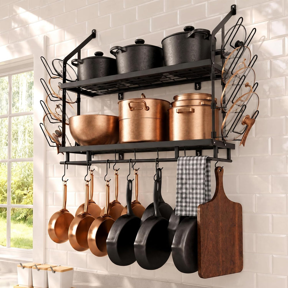 KES 30-Inch Pot Rack Wall Mounted, 8 Secure Lid Holders & 12 Sturdy Hooks
