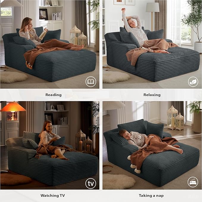 67 Inch Chaise Lounge Chair Indoor, Oversized Corduroy Upholstered Boneless S...