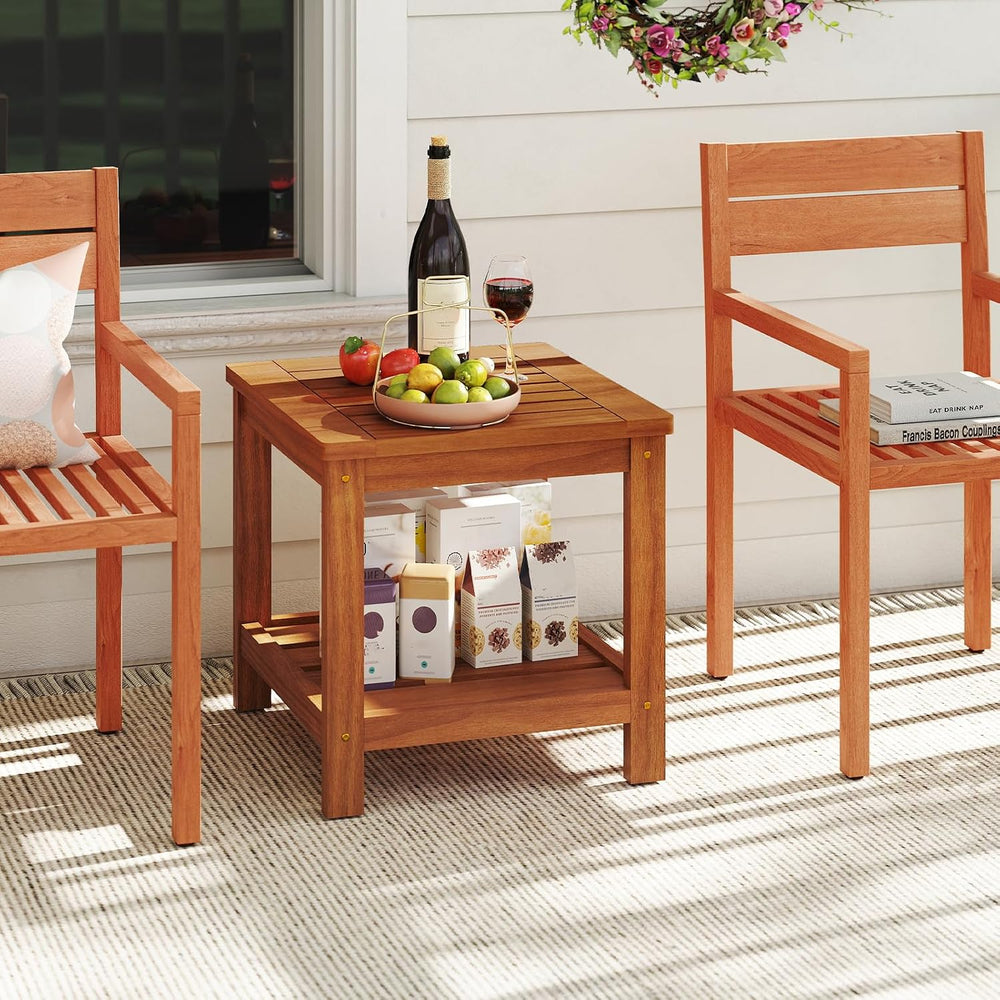 HAPPYGRILL 2-Tier Outdoor Wood Side Table with Storage Shelf, Patio Wooden En...