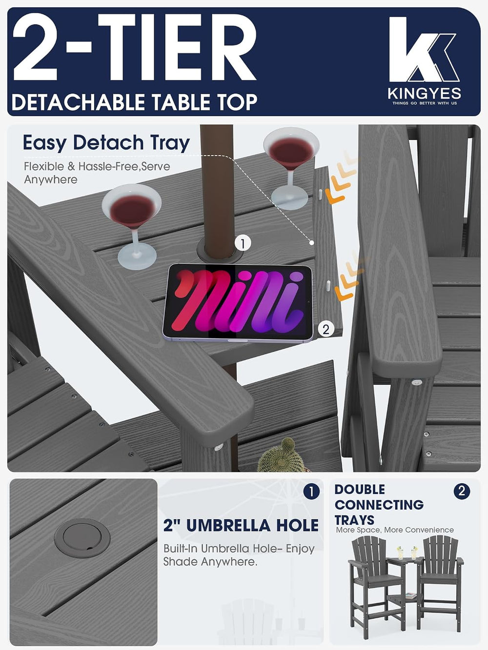 Tall Adirondack Chair Set of 2 with Double Connecting Trays, Gray
