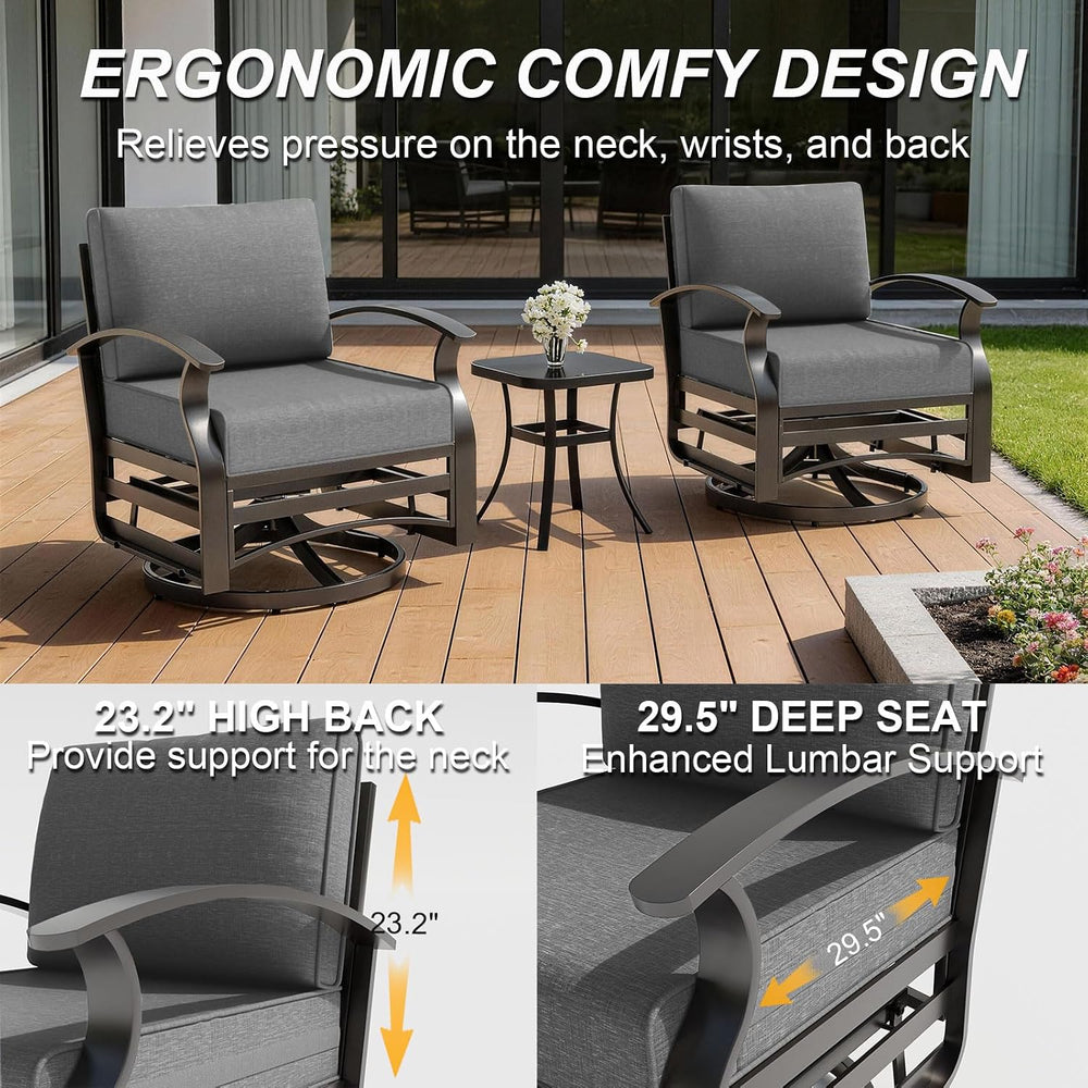 Gotland 3 Piece Patio Set, Metal Outdoor Swivel Chairs Set of 2 with 5.1’’ Hi...