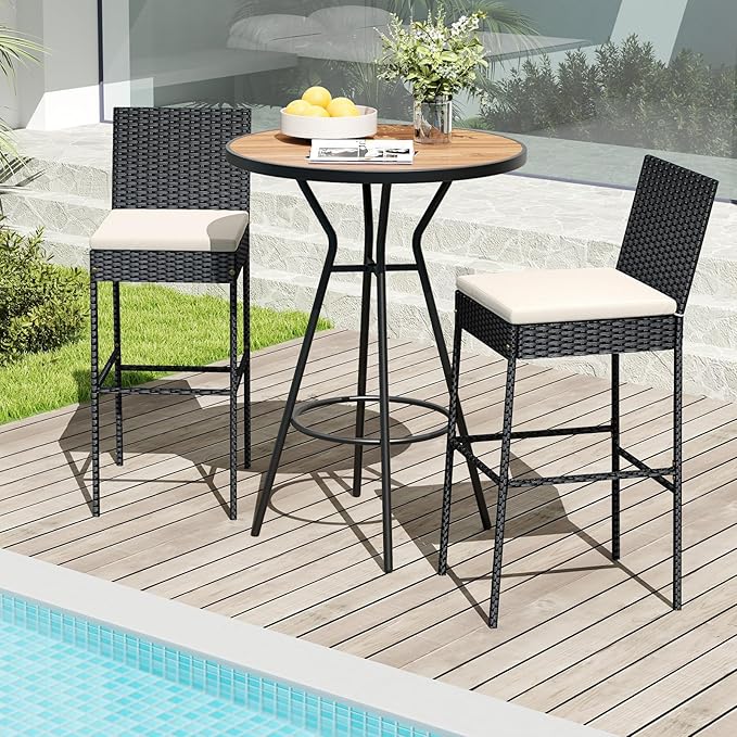 HAPPYGRILL Wicker Patio Barstools Set of 4, Outdoor Rattan Bar Chairs with Fo...