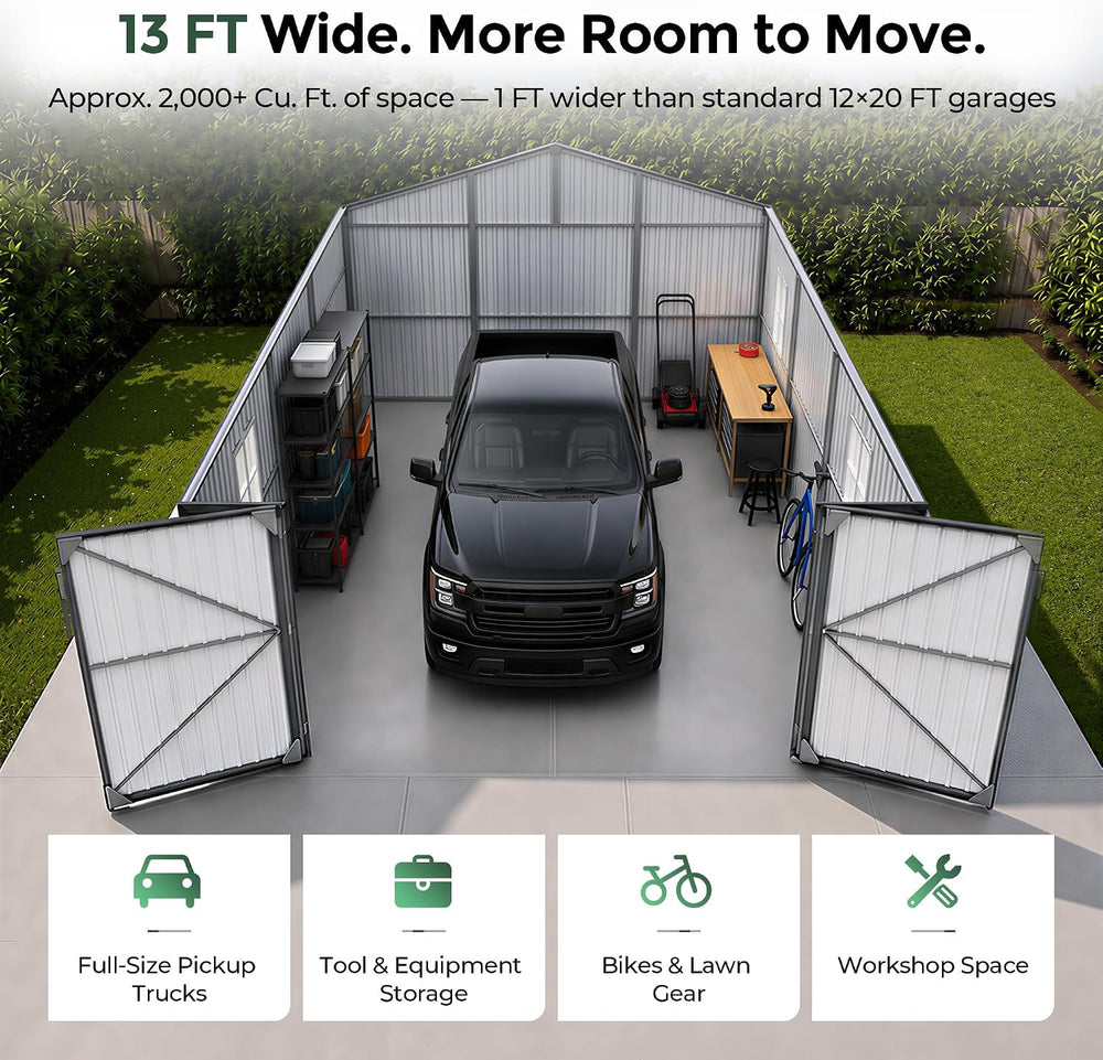13x20x9.5 FT Outdoor Metal Garage, Enclosed Carport with Solar Light Bars