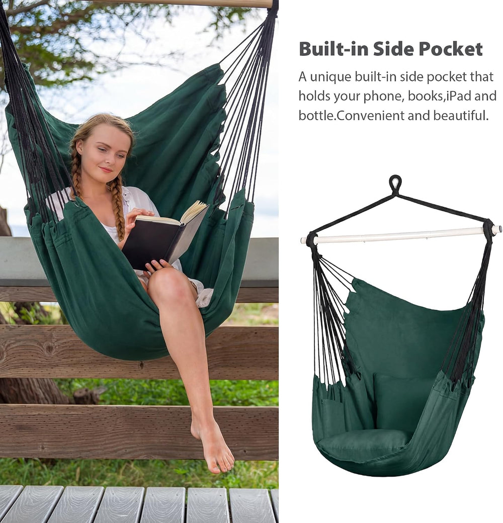 SUNCREAT Hammock Chair Hanging Rope Swing Seat-Max 450lbs Capacity, Green