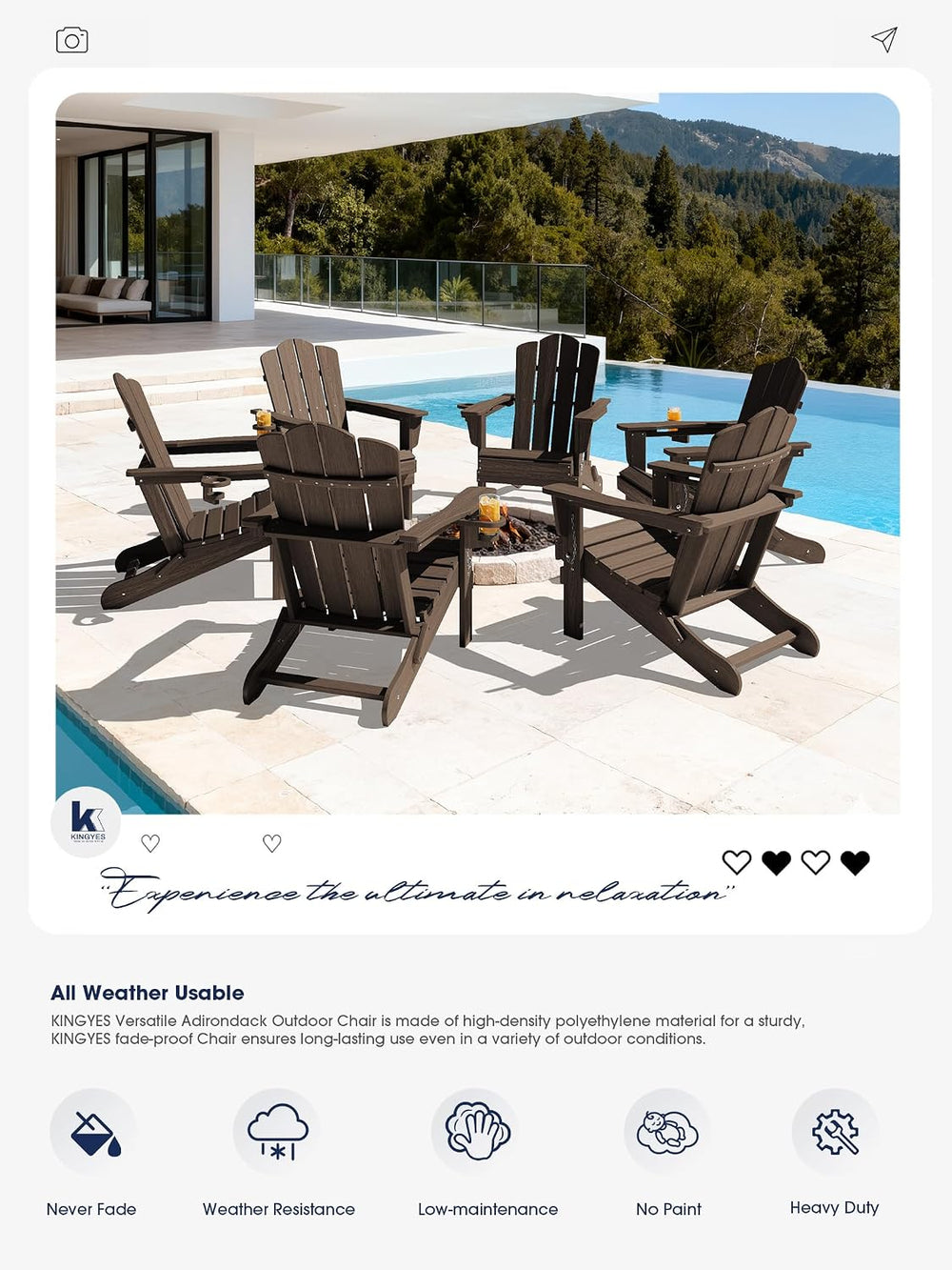 KINGYES Folding Adirondack Chair Set of 2 with Cup Holder, Coffee