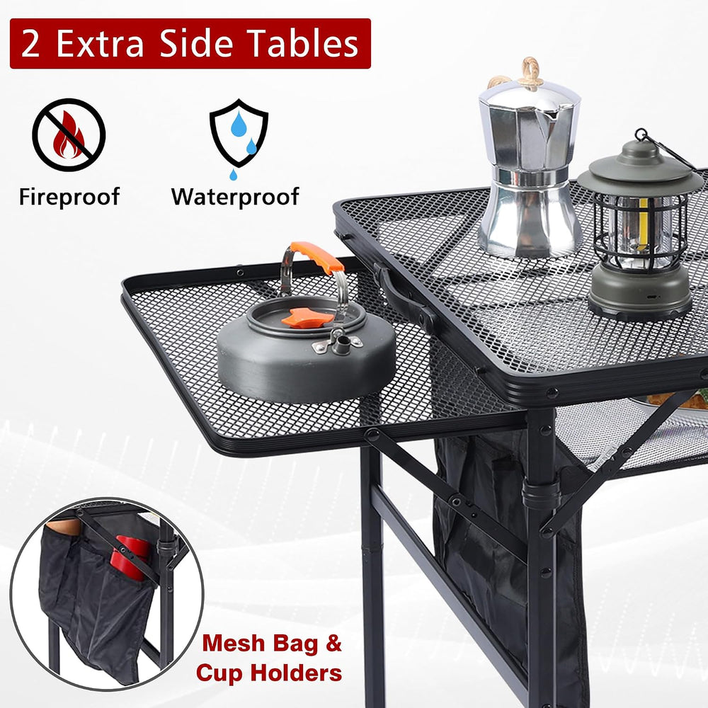 JOUYEK Folding Grill Table,3x2 FT Portable Camping Table with 2 Wing Panels