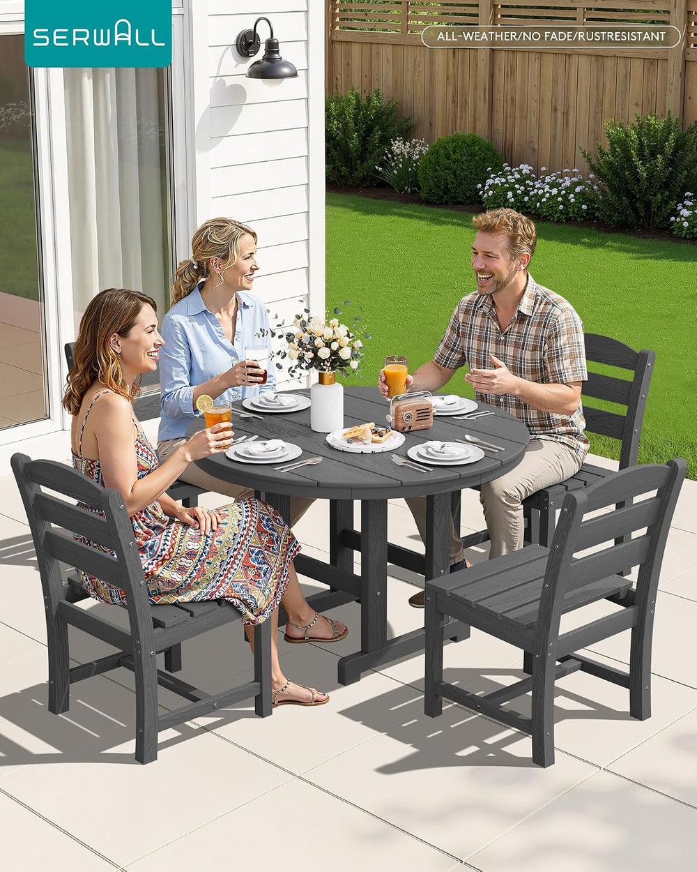 SERWALL 5-Piece Patio Dining Set, 45" Table & 4 Armless Chairs, Grey