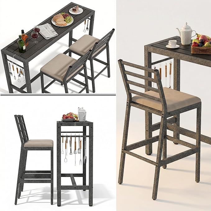 3Pcs Outdoor Patio Bar Set, 55" Rectangular High Top Table and Chairs Se...