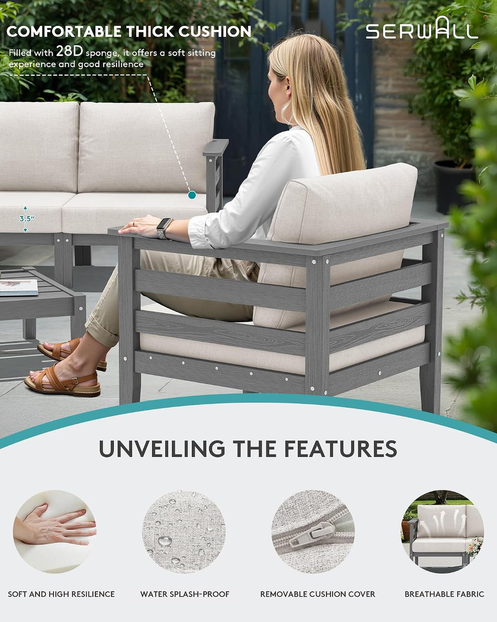 SERWALL HDPE Patio Furniture Set, 8 Pieces Composite Outdoor Furniture
