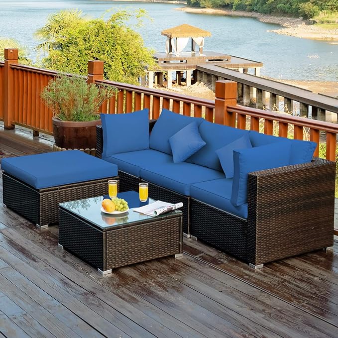 Tangkula 5 Pieces Patio Rattan Furniture Set, Outdoor Sectional Rattan Sofa S...