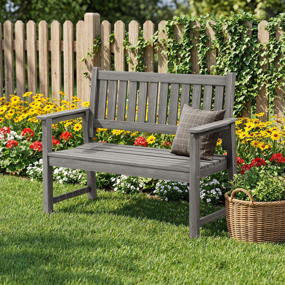 All Weather Poly Lumber Outdoor Garden Bench, 2-Person, Light Gray