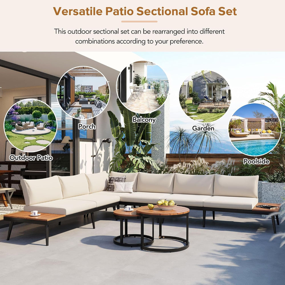 Modern Outdoor Sectional Sofa Set with Round Nesting Coffee Tables (Beige)