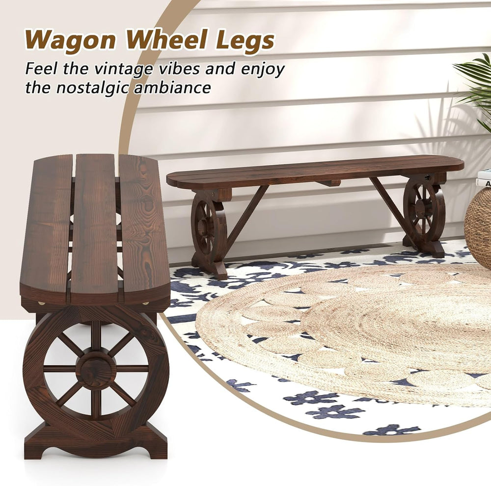 GIANTEX 2-Person Wooden Outdoor Bench with Wagon Wheel Legs, Slatted Seat, Ru...