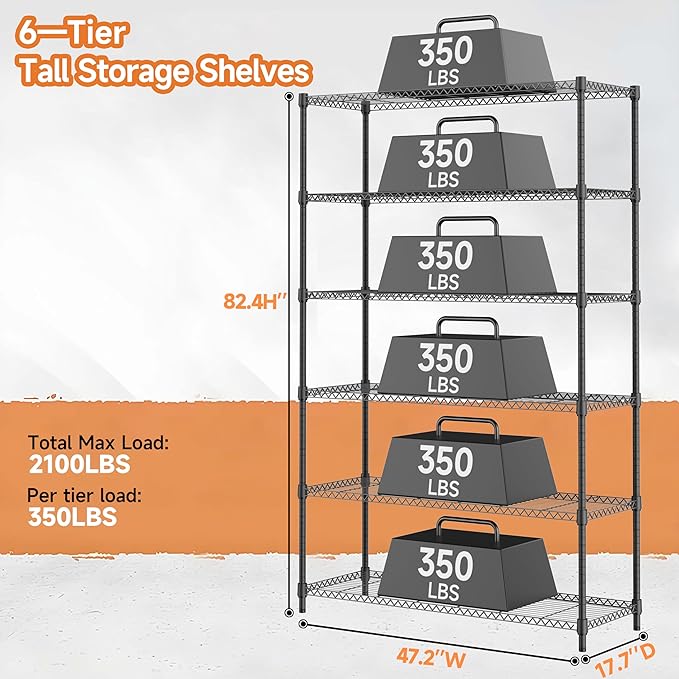 6 Tiers Storage Shelves Load 2100LBS, Metal Shelving Wire Metal Shelving Unit...