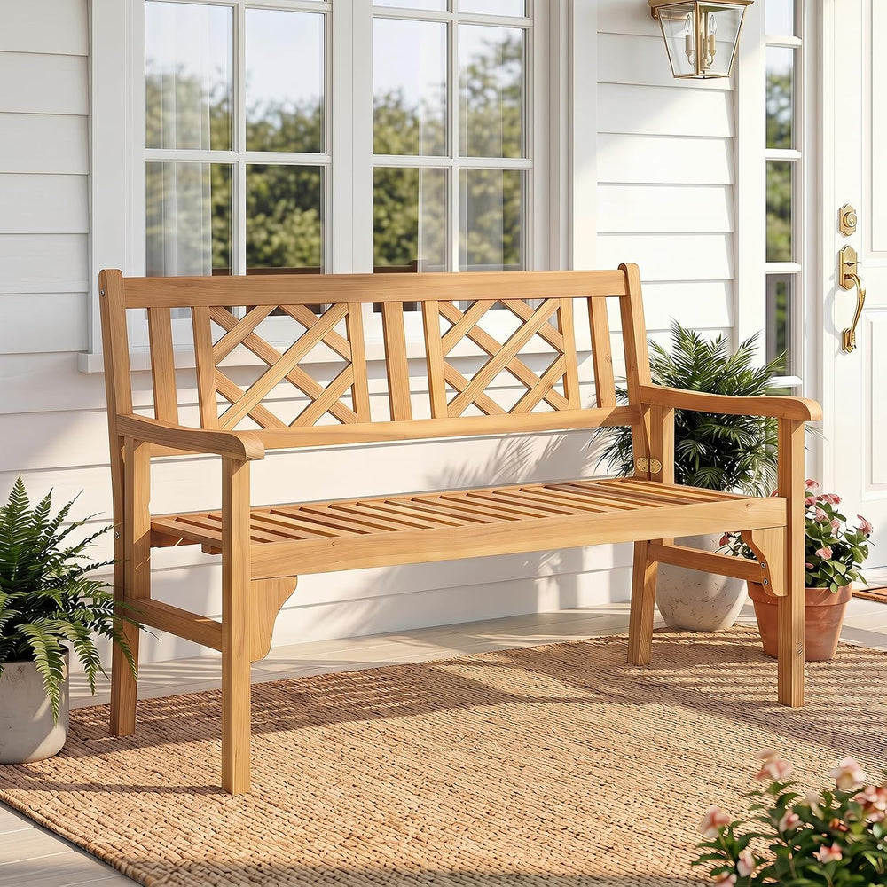 HAPPYGRILL Outdoor Patio Bench Acacia Wood Garden Bench with Backrest and Arm...