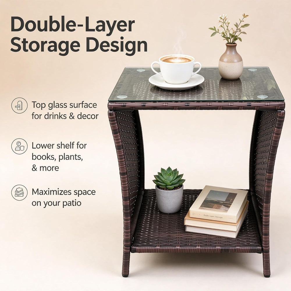 Outdoor Wicker Rattan Side Table, 2-Tier Storage, Glass Top, 105LBS