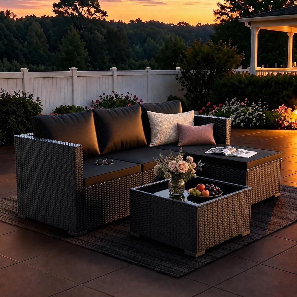 WWR Patio Furniture Set 5 Piece - Wide Armrests - All-Weather Wicker Rattan O...