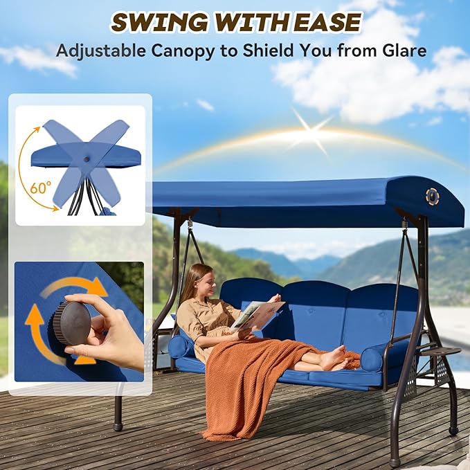 3 in 1 Outdoor Porch Swing with Adjustable Canopy, 3 Seat Outdoor Swing for A...