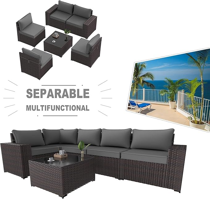 Kullavik 6PCS Outdoor Patio Furniture Set PE Wicker Rattan Sectional Sofa Pat...