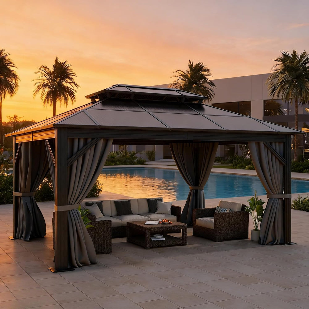 DWVO 10x12ft Gazebo Hardtop Double Roof Polycarbonate Canopy Outdoor with Net...