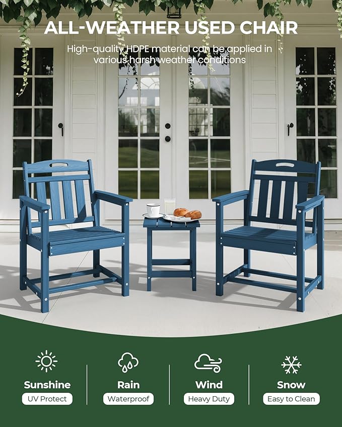 Set of 2 Weatherproof Patio Chairs - HDPE Outdoor Dining Chairs with Wide Sea...