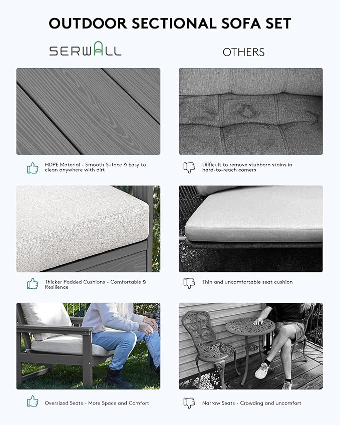 SERWALL HDPE Patio Sofa Set, 3-piece Sectional Outdoor Furniture Set, All Wea...