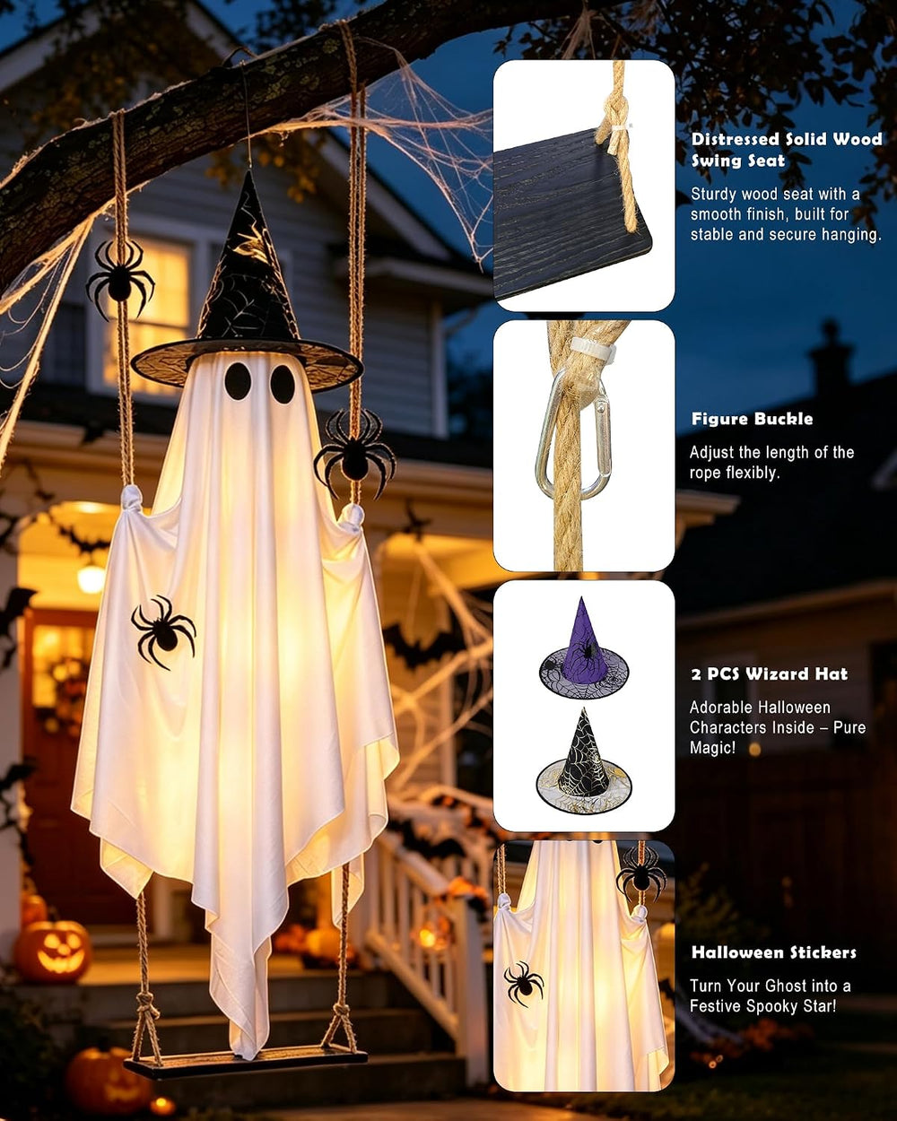 Swinging Ghost with 2PCS Hat & 12PCS Spider Halloween Decoration Outdoor