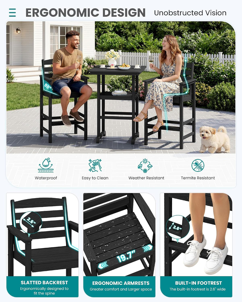 SERWALL 3 Pcs HDPE Bar Height Chairs and Double Layer Pub Table Set, Black