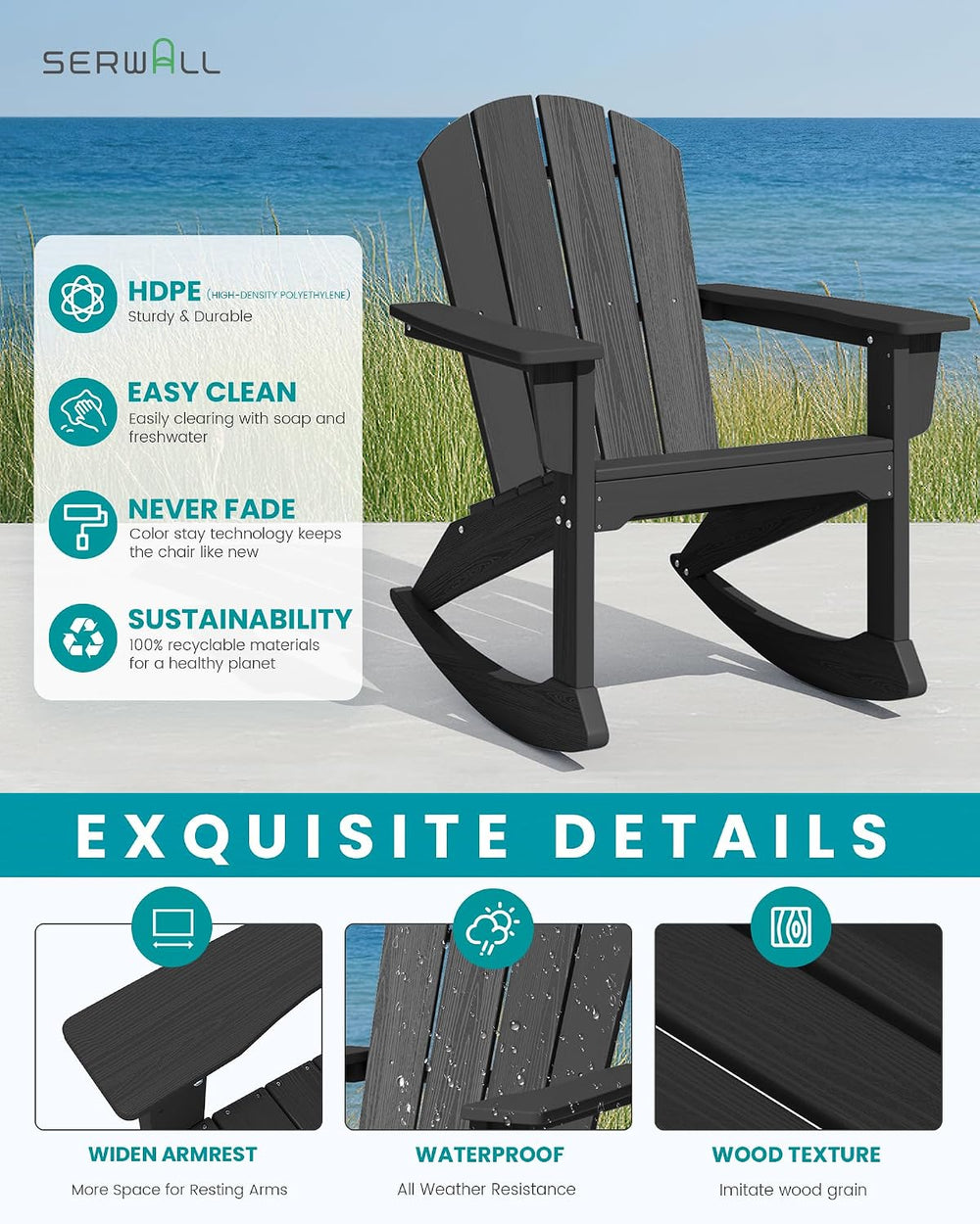 SERWALL Outdoor HDPE Adirondack Rocking Chair, All-Weather, Black