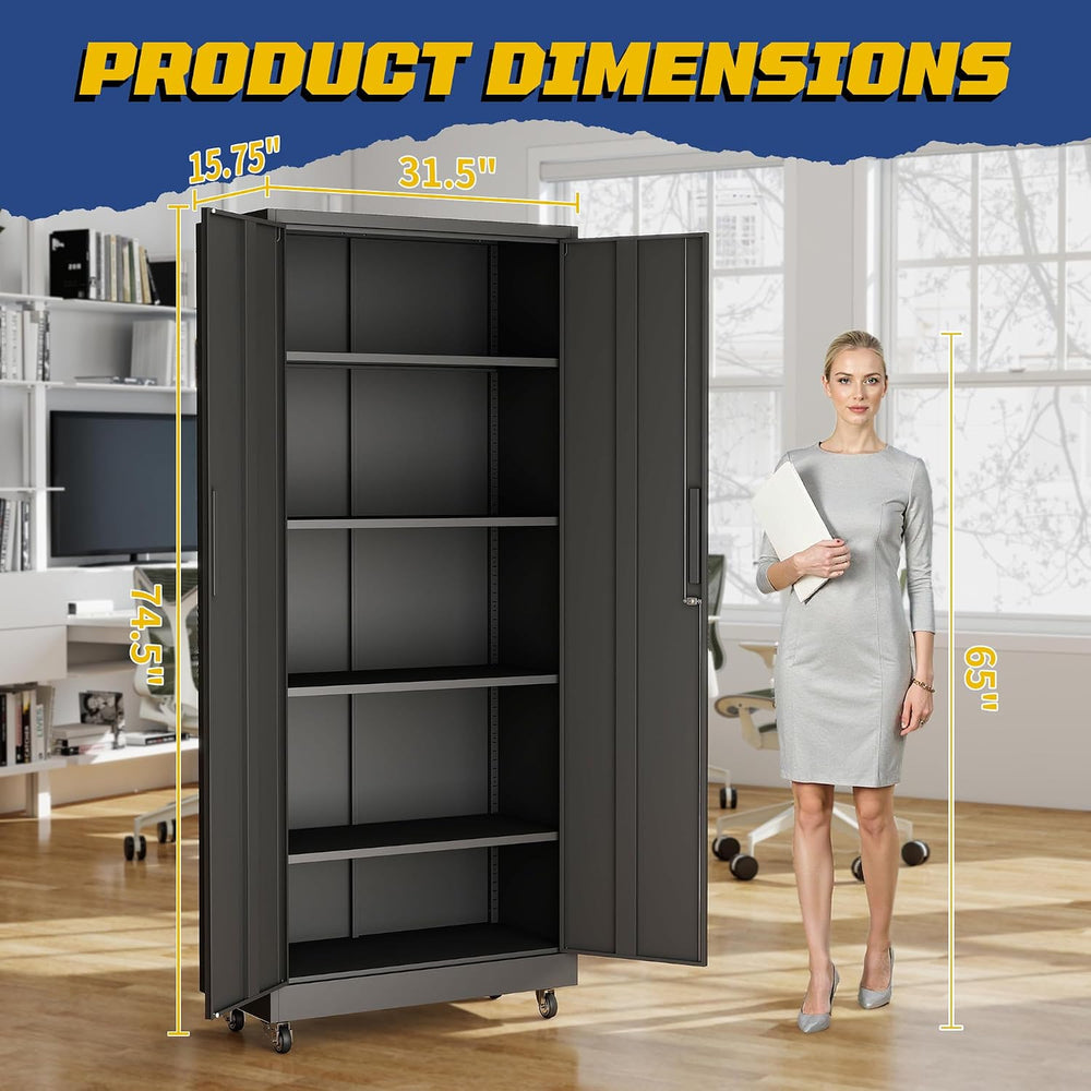 Metal Storage Cabinet, 73" H Garage Storage Cabinets with Wheels