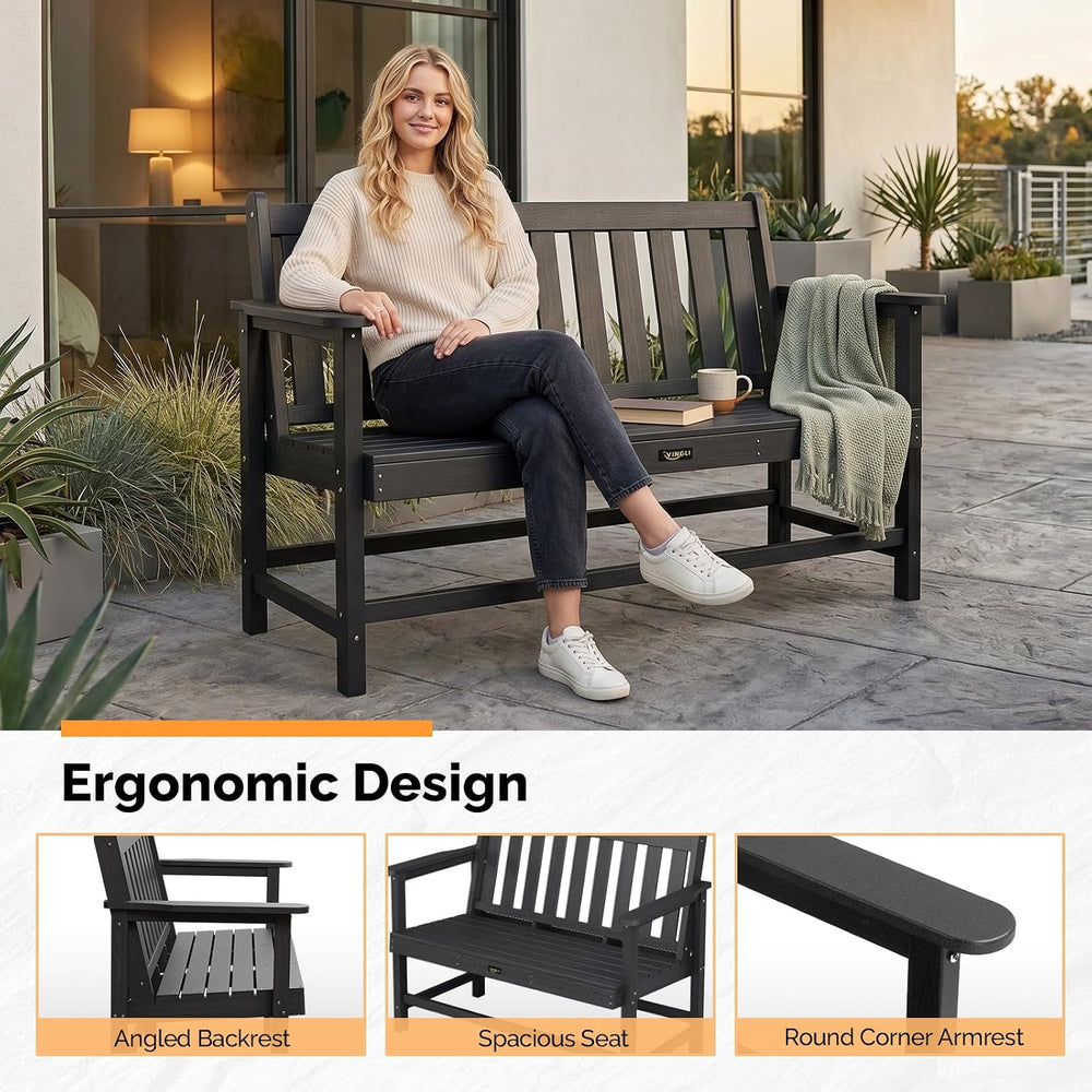 VINGLI 49in HDPE Outdoor Bench with Backrest and Armrests, 2-Person Weatherpr...