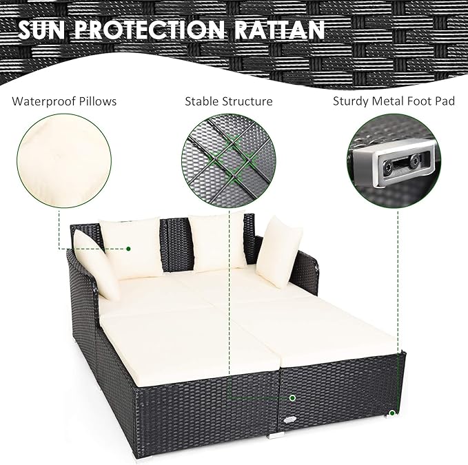 COSTWAY Outdoor Patio Rattan Daybed, Sponge Cushioned Loveseat Sofa with 4 Pi...