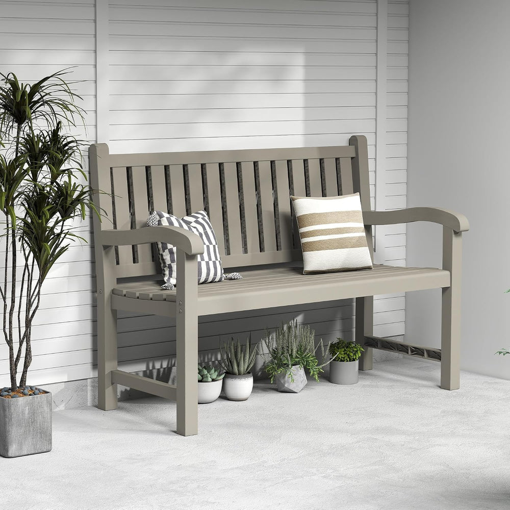 PatioZen Outdoor Bench, 2-Person Resin Bench, Grey