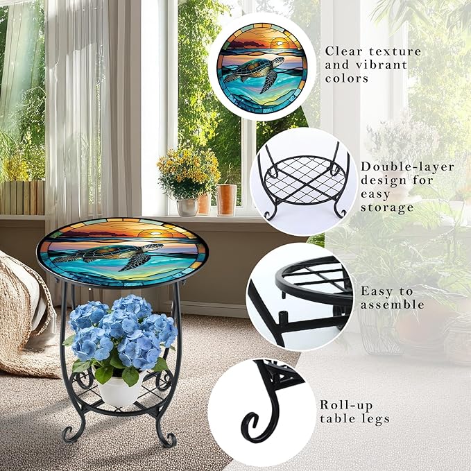 Outdoor Side Table Round Small Mosaic Patio Accent Indoor End Plant Coffee Te...
