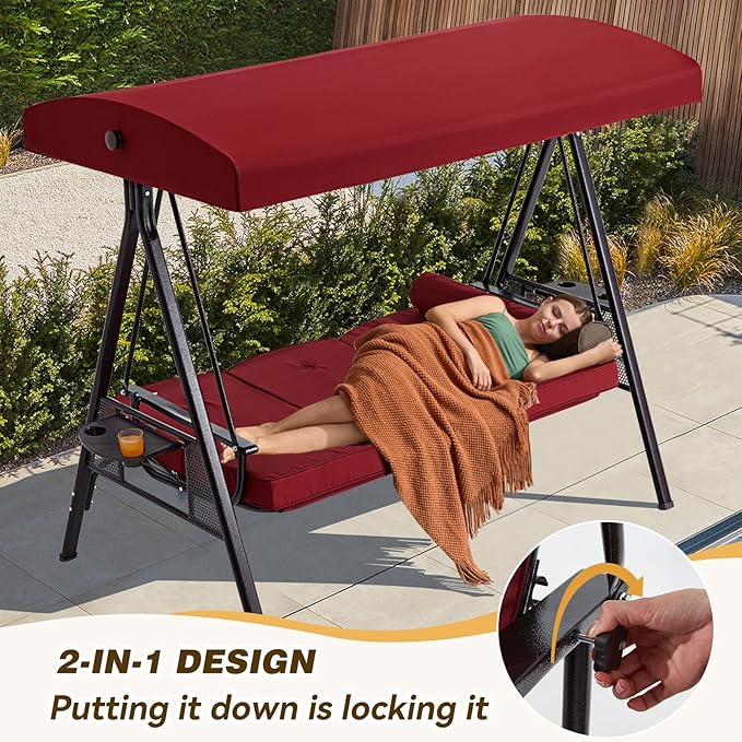 3 in 1 Outdoor Porch Swing with Adjustable Canopy, 3 Seat Outdoor Swing for A...