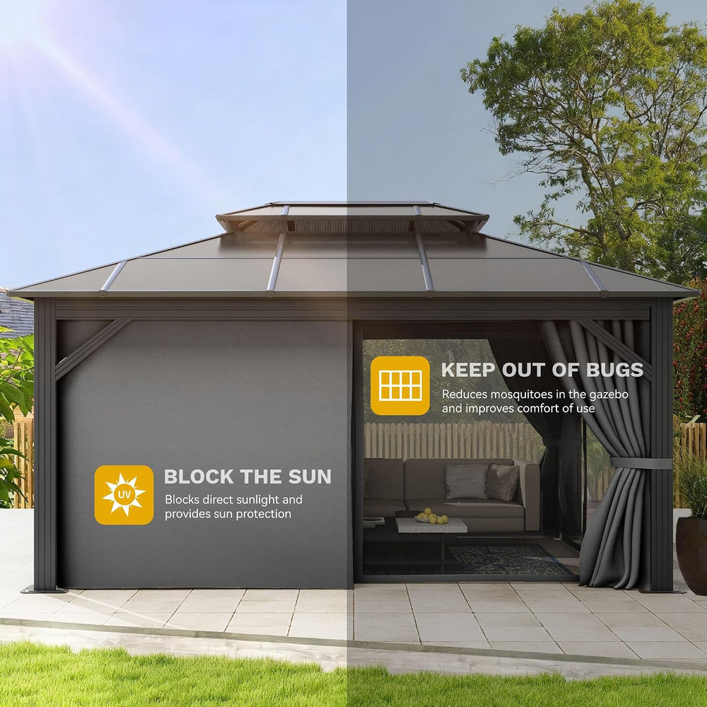 DWVO 10x12ft Gazebo Hardtop Double Roof Polycarbonate Canopy Outdoor with Net...