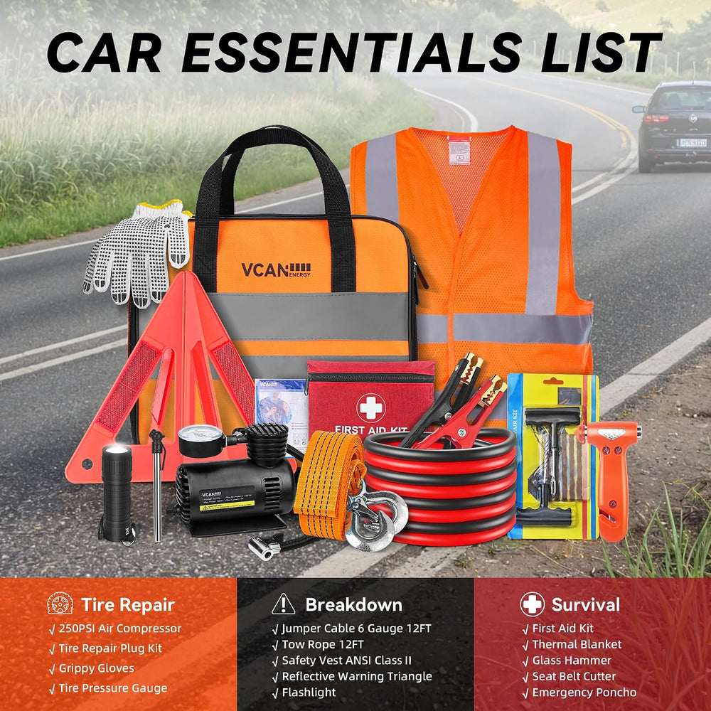 VCANENERGY Car Emergency Safety Kit Bag with Portable Air Compressor, Jumper ...