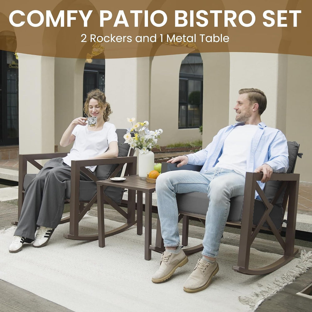 UDPATIO Rocking Chair Outdoor Oversized Metal Bistro Set 6.5" Cushion Grey